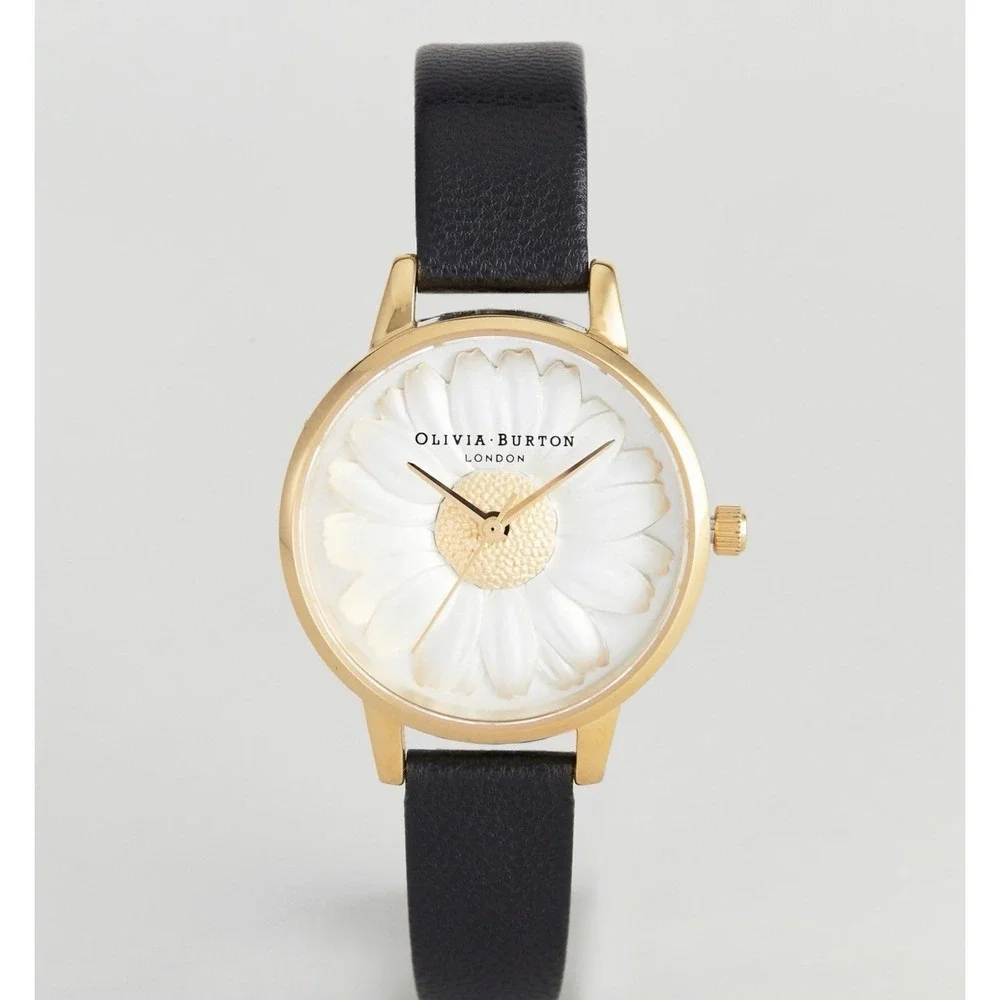 Olivia Burton London Daisy Flower Gold Tone Woman's Watch Black Strap OB15EG38